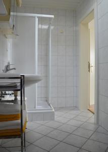 baño blanco con ducha y lavamanos en Frühstückspension Sterr, en Strebersdorf