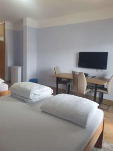 a bedroom with a bed and a desk with a television at Hotel Europa in Zagreb