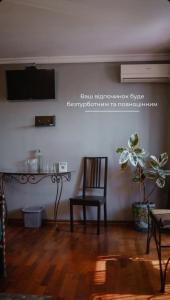 ein Wohnzimmer mit einem Stuhl und einem TV an der Wand in der Unterkunft Кузня міні-готель in Mateyevtsy