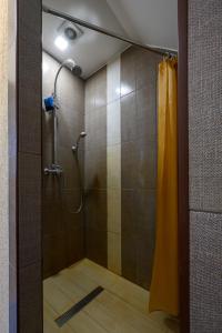 a shower with a shower curtain in a bathroom at Cidoniju māja in Kubuļi +13 photos