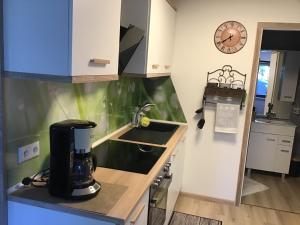 una cocina con cafetera en una encimera en Waldblick, en Tannenberg