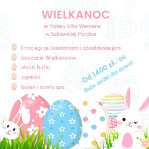 Villa Wernera Hotel & Spa في شكلارسكا بوريبا: مجموعة من بيض عيد الفصح والأرانب على خلفية بيضاء