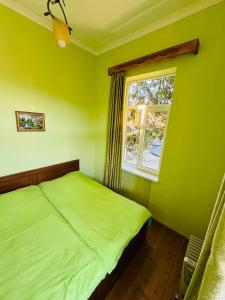 ein grünes Schlafzimmer mit einem Bett und einem Fenster in der Unterkunft GUEST HOUSE "BUBU" in Kutaissi