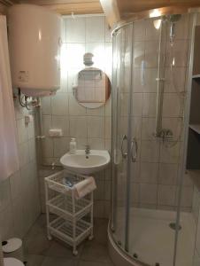 ein Bad mit einer Dusche und einem Waschbecken in der Unterkunft Domki całoroczne u Eli in Szczyrk