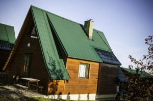 ein großes Holzhaus mit grünem Dach in der Unterkunft Domki całoroczne u Eli in Szczyrk