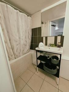 a bathroom with a sink and a shower curtain at Appartement Cosy - Proche Dysneyland - Paris - RER in Noisy-le-Grand