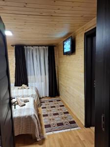 a room with two beds and a television in a cabin at Cabana Alpha in Baia Mare