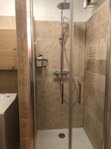eine Dusche mit Glastür im Bad in der Unterkunft Charmant Appartement 3 chambres - JO Paris 2024 in Colombes