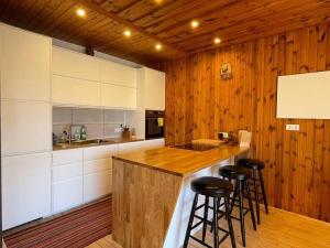 eine Küche mit Holzwänden und einer Theke mit Barhockern in der Unterkunft Das Haus am See - der idyllische Privatsee nahe Wien in Tulln