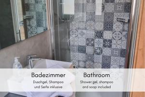 a bathroom with a shower and a sink with a mirror at Terrassenidylle in Winzerhaus in Bremm