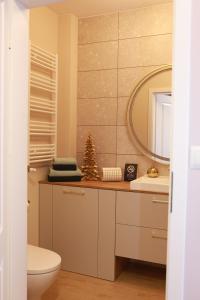 ein Badezimmer mit einem WC, einem Waschbecken und einem Spiegel in der Unterkunft Apartament Milano in Pniewy