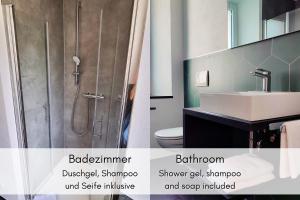a bathroom with a shower stall and a sink at Mosel-Blick: Charme & Komfort in Bremm
