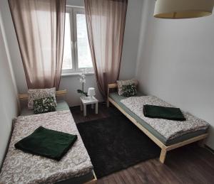two beds in a room with a window at Apartmán Dominika in Rovinka