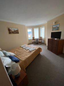 a bedroom with a bed and a desk and a television at Hotel Three Korony in Skhidnitsa