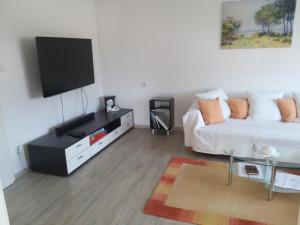 a living room with a white couch and a flat screen tv at Ferienwohnung Lachmayr in Geltendorf