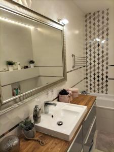 uma casa de banho com um lavatório e um espelho em Kwatera Paprotka 23 em Varsóvia