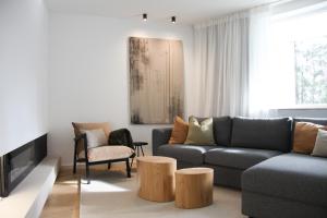 a living room with a couch and a tv at INSIDE WINTERBERG - Design Apartment - Ski Bike Sauna in Winterberg +18 photos