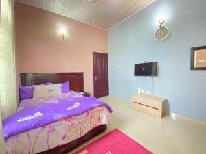 a bedroom with a purple bed and a tv at Bays Villa, Koforidua in Koforidua