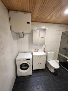 a small bathroom with a toilet and a sink at Viihtyisä täysin kalustettu ja varustettu yksiö Logomolla 1vrk-36kk in Turku