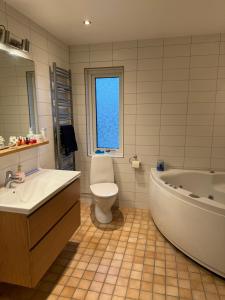a bathroom with a tub and a toilet and a sink at Vila Åkarp in Åkarp