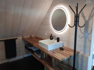 uma casa de banho com um lavatório e um espelho em Chez Fanch em Lampaul
