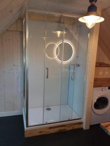 um chuveiro com uma porta de vidro na casa de banho em Chez Fanch em Lampaul