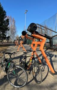 eine Gruppe von Fahrrädern, die in einem Park geparkt sind in der Unterkunft Cozy Studio Charming Spot Piņķi in Piņķi