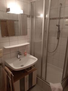 La salle de bains est pourvue d'un lavabo et d'une douche. dans l'établissement Ferienwohnung am Kapellenberg - am Rande des Nationalparks Schwarzwald, à Bad Peterstal-Griesbach