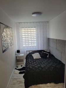 a bedroom with a black bed and a window at BANACHA in Słupsk