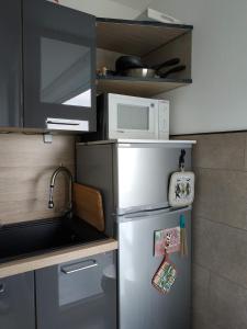 a small kitchen with a refrigerator and a microwave at Grand studio idéalement situé in Chambray-lès-Tours