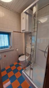 W łazience znajduje się toaleta i przeszklony prysznic. w obiekcie Ferienhaus Familie Hofer w mieście Stockenboi