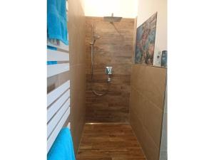 a bathroom with a shower with a wooden wall at Holiday home Am Dachsberg in Burkhardtsdorf