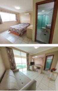 two pictures of a bedroom with a bed and a bathroom at Águas do Paranoá in Caldas Novas
