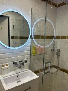 La salle de bains est pourvue d'une douche, d'un lavabo et d'un miroir. dans l'établissement Joli studio Paris Le Marais - 1'min Rambuteau Station, à Paris