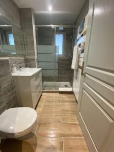 een badkamer met een toilet, een wastafel en een douche bij La Petite Maison du Canal in Digoin