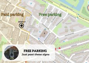 a map with the words free parking and fire parking just past these signs at @Salland in Zwolle