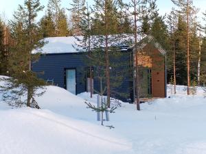 a blue building in the snow with trees at New cabin in Iso-syöte. Luokki 2 in Syöte +6 photos