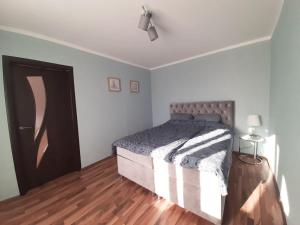 Sunny Apartment في ريغا: غرفة نوم بسرير ومروحة سقف