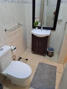 ein Badezimmer mit einem WC, einem Waschbecken und einem Spiegel in der Unterkunft Bianca's in Matola