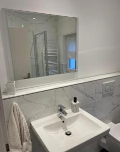uma casa de banho com um lavatório e um espelho em Klein aber fein — citynah em Unna