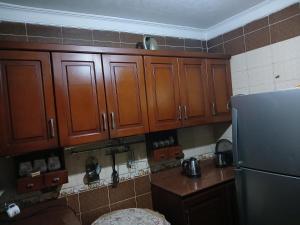 a kitchen with wooden cabinets and a refrigerator at Pyramids veiw in ‘Ezbet `Abd el-Ḥamîd