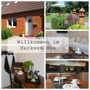 eine Collage mit Bildern einer Küche und eines Hauses in der Unterkunft Harksen Hüs in Klixbüll