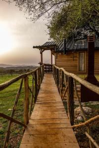 a wooden bridge leading to a wooden cabin at The Treevilla in Protópappas