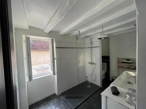 a bathroom with a shower and a sink and a window at L’ATYPIK in Chablis