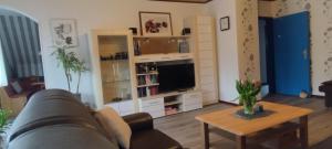 a living room with a couch and a tv at Ferienwohnung Landmann in Winsen