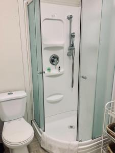 a bathroom with a shower with a toilet at Pet-Friendly Lovely Studio #2, Balcony in Halifax