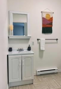 een witte badkamer met een wastafel en een spiegel bij Pet-Friendly Lovely Studio #2, Balcony in Halifax