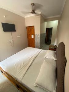 バガにあるAriel Guesthouseの大型ベッド1台、壁にテレビが備わるベッドルーム1室を利用できます。