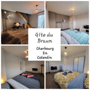 een collage van foto's van een slaapkamer met twee bedden bij Gîte du Braun in Cherbourg en Cotentin