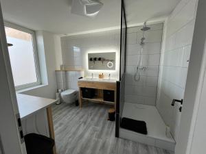 y baño con lavabo y ducha. en Appartement St Eloi 75m² en Saint Die